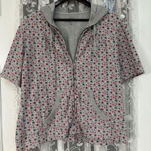 Style & Co. Sport Women Gray Floral Short Sleeve Zip-Up Hoodie Size XL